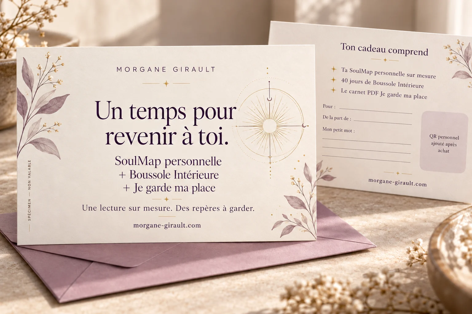 Une carte cadeau élégante dans une enveloppe, présentant les trois créations du coffret Revenir à soi