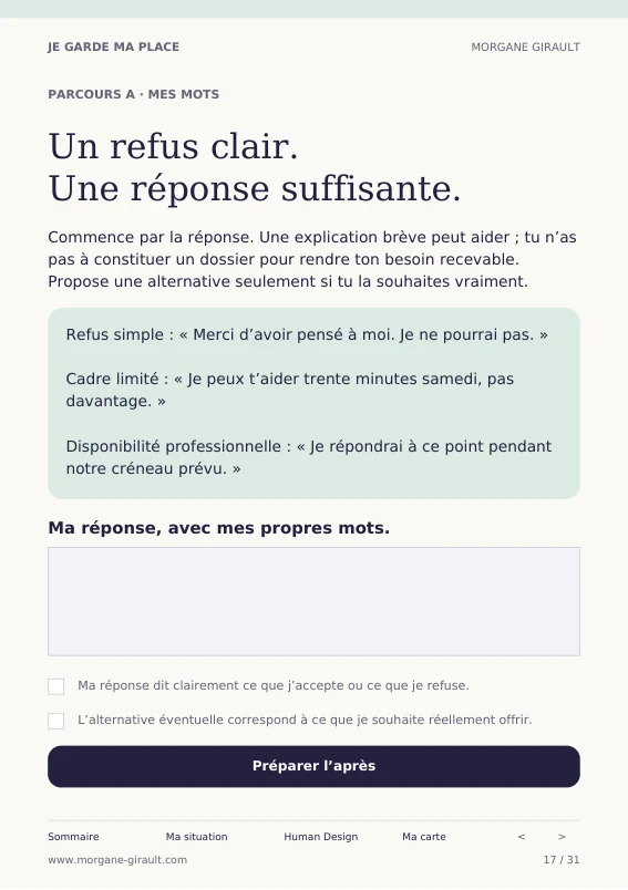 Page réelle du carnet : exemples de refus et espace pour écrire sa réponse
